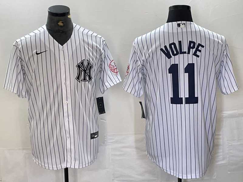 Mens New York Yankees #11 Anthony Volpe Name White With Patch 2024 Cool Base Stitched Jersey